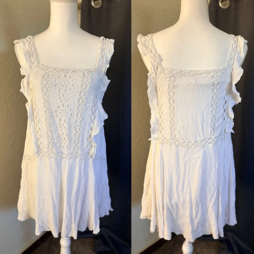 Free People Priscilla Ruffled‎ Crochet Trim Mini Dress Small  Boho Square Neck